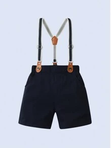 BOARNSEORL 2pcs Young Boys Gentleman Outfit - Navy Blue Shorts With Suspenders And White Polka Dot Short Sleeve Shirt With Bow Tie, Fashionabantic For Birthday Party, Wedding, Anniversary Celebration - Navy Blue - View 7