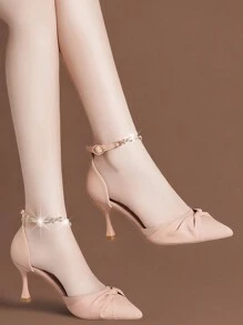 Hollow Design High Heel Pumps, Strap Buckle Decoration, Pointed Toe, Rhinestone Accent, Elegant - Pink - View 2