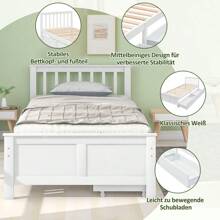 Wooden Bed, Single Bed, Youth Bed, Adult Bed, With Storage Drawers, Pine Structure, White (90x200cm)