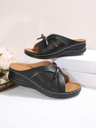 女士时尚系带厚底凉鞋，带穿孔设计，拼布工艺，适合度假、派对，舒适、柔软鞋底、高防水台、经典百搭坡跟凉鞋