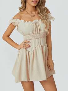 Women Flowy Pirate Dress Fairy Short Sleeve Y2k Off Shoulder Ruffle Corset Mini Dresses - 杏色 - 查看 7