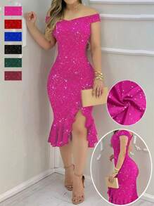 Sexy Off Shoulder Solid Color High Slit Ruffle Hem Sparkly Party Dress, Spring/Summer - Hot Pink - View 3