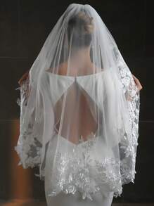 1 pièce Voile de mariée en dentelle florale avec peigne en métal, longueur jusqu'au bout des doigts 95 cm (37,4 pouces), pour la mariée, blanc ivoire - Multicolore - Voir 3