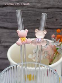 2pcs Twin Bears Glass Straws With 1pc Straw CleaningBrush, 8mm Reusable Straws, Drinking Straw Bent, Gift For Friends, Valentine's Day Gifts - Multicolor - View 13