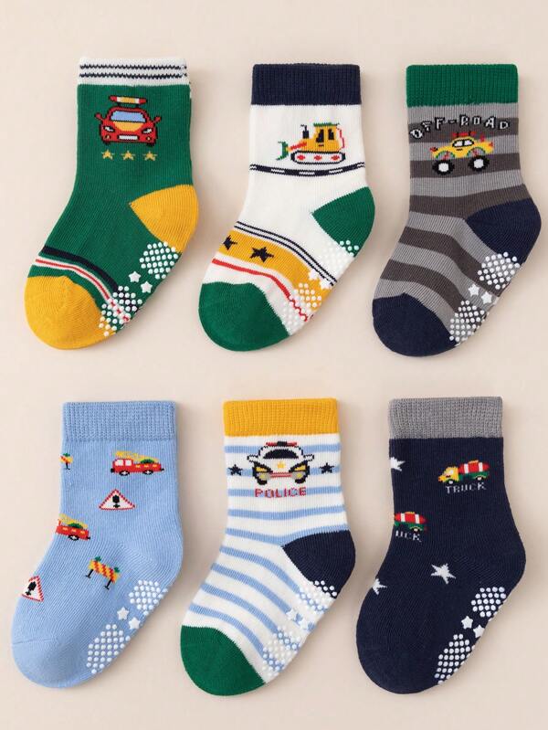 6pairs Boys' Anti-skid Cartoon Construction Vehicles And Police Car Series Floor Socks For Infant And Toddler