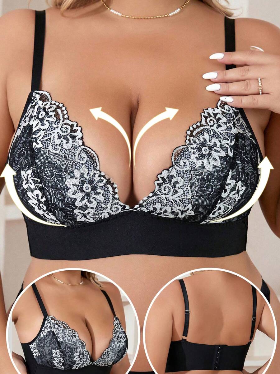 Plus Size Women Lace Insert Wireless Bras, Comfortable Lingerie - Black - View 1