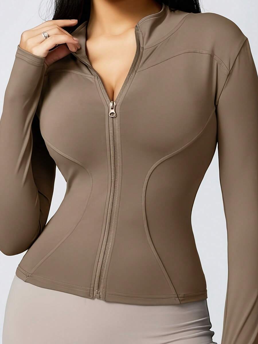 Women's Workout Jacket Solid Color Quick Dry Lightweight Zip Up Yoga Jacket Athletic Slim Fit Tops - Khaki - View 1