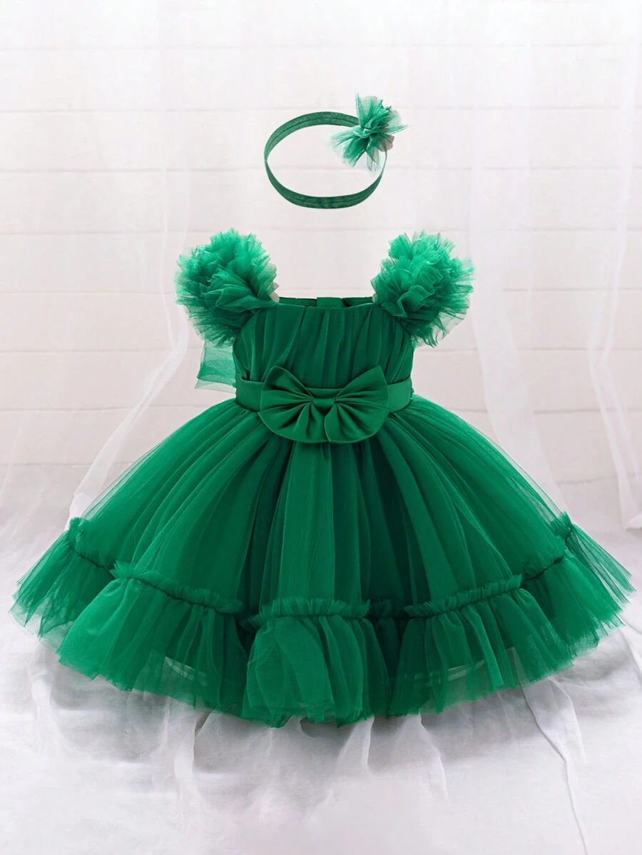 1件女婴荷叶边薄纱蝴蝶结可爱一周岁生日派对连衣裙，适合花童婚礼庆典，附赠发带 - 墨綠色 - 查看 1