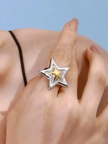 Uworld 1Pc Of Simple And Fashionable Gold And Silver Color Matching Five-Pointed Star Stainless Steel Open Ring 18K Gold-Plated Suitable For Daily Wear Holidays Commuting Parties Etc. - Star - View 4