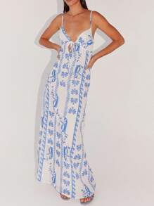 Womens Summer Long Dress Sleeveless Spaghetti Strap Tie-Up Front Loose Dress Back Cutout Dress - Màu xanh lam - Xem 7