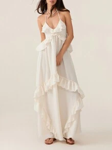 Womens Summer Spaghetti Strap Long Dress Boho Low Cut Dress Backless Flowy Midi Dress Bohemian Maxi Dresses Beachwear - 米色 - 查看 4