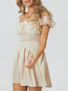 Women Summer Short Dress Solid Color Ruched Bust Boat Neck Off Shoulder Puff Sleeve A-Line One Piece For Ladies - Apricot - View 4