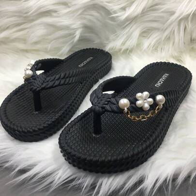 Women's Fashion Flat Flip Flops, Pearl Chain Design, 4-Season EVA Sandals, Casual Beach Slippers, Sweet Style, Easy On/Off, Solid Color, Handwashable