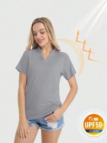 Women's UPF50+ V-Neck Collarless Polo Shirts Summer UV Protection Short Sleeve Casual T-Shirts Quick Dry Breathable Lightweight Golf Tennis Tops - Light Grey - View 3