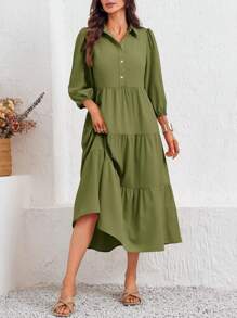 2026 Popular Fall Maxi Shirt Dress V Neck Vestidos Elegantes De Mujer Button Down 3/4 Sleeve Tiered Collared Flowy Design - 軍綠色 - 查看 4