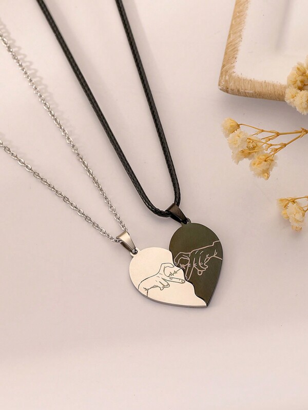 COINBUFF 2pcs Stainless Steel Patchwork Heart Pendant Couples Necklace Set, Valentine's Day Gift,Mom,Mother,Mother's Day,Gift