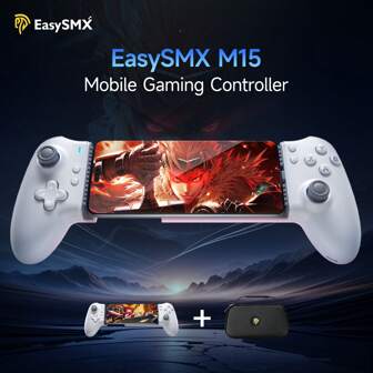 EasySMX M15 Android 手机游戏控制器兼容 IOS 15 系列及以上版本、大多数 Android 手机、BT+ 直接连接，具有 6 级振动反馈、高级机械按钮、霍尔效应摇杆和霍尔触发器、可编程控制器（含储物袋）