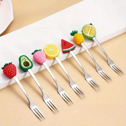 Juego de 3 piezas - Tenedores de acero inoxidable con diseño de frutas de dibujos animados, en múltiples colores, perfectos para postres y pasteles, para la cocina y utensilios, útiles escolares