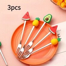 3pcs-Cute Cartoon Fruit Fork Set, Stainless Steel, Multiple Colors, Perfect For Desserts And Cakes, Kitchen And Cutlery,School Supplies