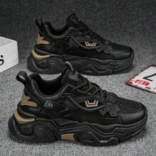 Multi Functional Thick Soled Men's Skateboarding Shoes Sports Shoes, Breathable Mesh Upper And Durable PU/Rubber Sole, Lace Up Casual Sports Shoes With Blue Decoration, Very Suitable For Casual Wear, Versatile Shoe Accessories - 黑色 - 查看 2