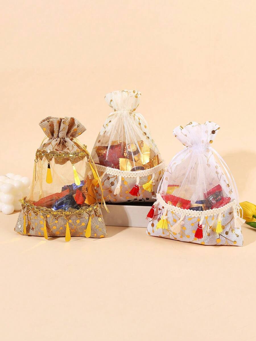 Paquete de 1/3, bolsa de regalo del Festival de la Luna con bolsa de caramelos de dibujos animados y bolsa de almacenamiento con cordón. Para organizar caramelos, bocadillos, joyería pequeña, anillos y pendientes, decoraciones navideñas, bolsas de regalo