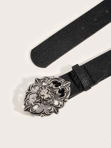 1pc Women's Vintage Metal Buckle Printed PU Waist Belt, Suitable For Western Cowboy Style Summer, School Fall, Autumn, Halloween - Black - View 4