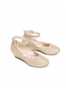 Girls Wedding Shoes | Dress Flats With Low Wedge Heel & Flower Ankle Strap For Toddler To Big Kid - Vàng - Xem 5