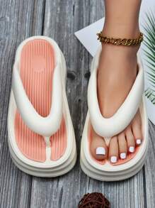 女士厚底柔软舒适户外人字拖，夏季个性化百搭时尚沙滩凉鞋 - 粉色 - 查看 1