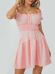 Women Flowy Pirate Dress Fairy Short Sleeve Y2k Off Shoulder Ruffle Corset Mini Dresses - 粉色 - 查看 8