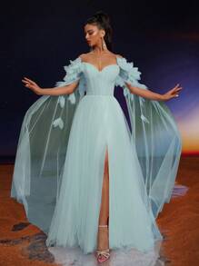 Anymoon Elegant Off Shoulder Mesh Applique Long Evening Dress, Party Dress, Wedding Guest Dress, Formal Dress,Gown