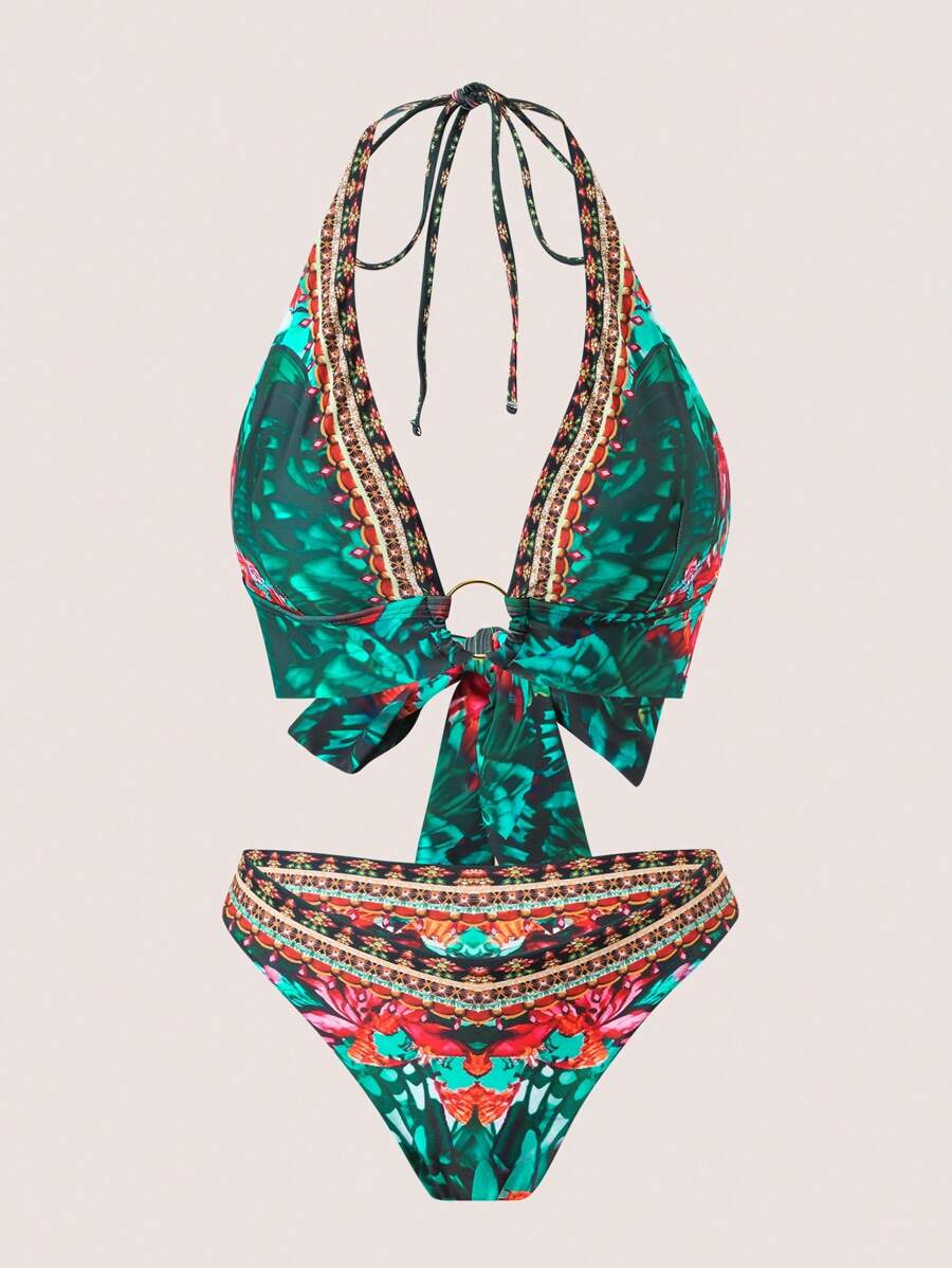 2025 New European & American Style Women Floral Print Halter Bikini Set, Sexy Fitted Swimwear, For Summer Beach Vacation