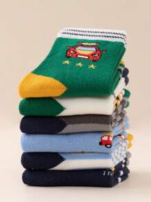 6pairs Boys' Anti-skid Cartoon Construction Vehicles And Police Car Series Floor Socks For Infant And Toddler