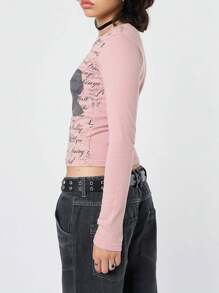 Women's Spring Summer Fitted Crop Tops Long Sleeve Crewneck Graphics Print Slim T-Shirt - Pink - View 3