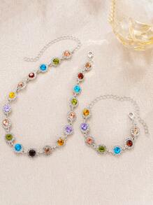 2pcs Women's Stylish Minimalist Colorful Cubic Zirconia Stone Necklace And Bracelet Jewelry Set, For Dates, Parties, Anniversaries, Birthdays