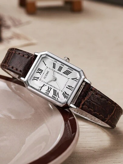 JUSMI 1개 여성 패션 스퀘어 로마 숫자 다이얼 미니멀리스트 비즈니스 가죽 밴드 쿼츠 시계, 데일리 매칭, 생일, 그녀를 위한 선물, 기념일, 연말 프로모션, 싱글 데이, 할로윈 프로모션에 적합, 선물 상자 없음