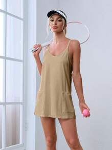 Conscious Women In Summer 2025 Sleeveless Casual Tennis Workout Mini Dress With Shorts - Khaki - View 5