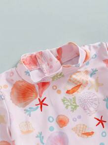 Baby Girl Rash Guard Swimsuit Floral/Shell Print Long Sleeve Mock Neck Bathing Suit With Hat 2 Pcs Set - Ivory - View 6