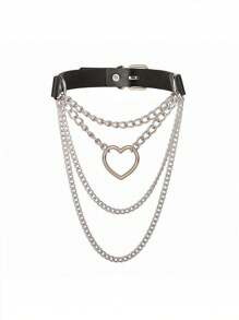 1pc Black PU Leather Role Play Metal Heart Pendant Necklace, Quality Aluminum Chain Decoration, Cosplay Choker Necklace, Holiday Celebration Neck Accessory - Black - View 8