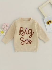 Kid Girl Autumn Sweater Sisters' Sweaters Long Sleeve Round Neck Flower Letter Embroidery Pattern Knitwear Pullover BIG/LIL SIS Embroidery Pullover - Apricot - View 2
