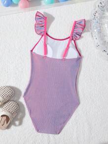 Tween Girl Striped Round Neck Ruffle Strap One-Piece Swimsuit - Multicolor - View 5