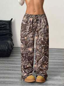 Y2K 风格弹性腰部复古休闲印花降落伞裤，四季皆宜 - 棕色 - 查看 3