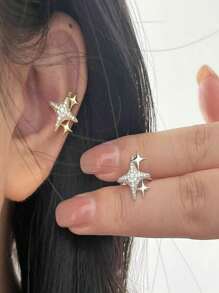 1 pièce de jonc d'oreille minimaliste non percé micro-serti d'or, d'argent en forme d'étoile, boucles d'oreilles à clips en cuivre exquises pour femmes