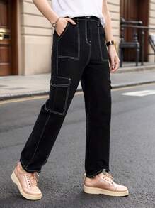 Teenage Boy's Straight Leg Pocket Casual Cargo Denim Jeans - Black - View 1