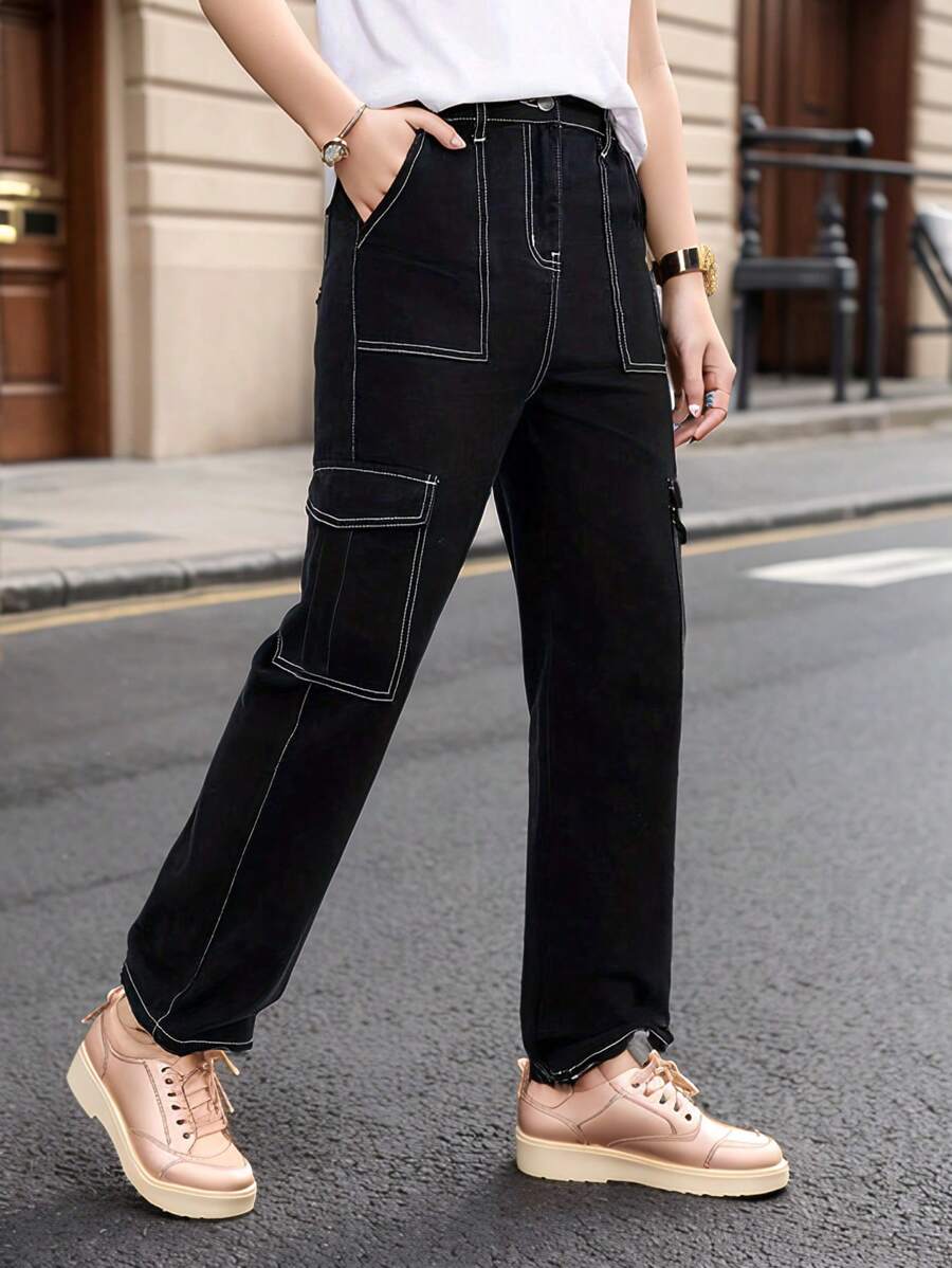 Teenage Boy's Straight Leg Pocket Casual Cargo Denim Jeans - Black - View 1