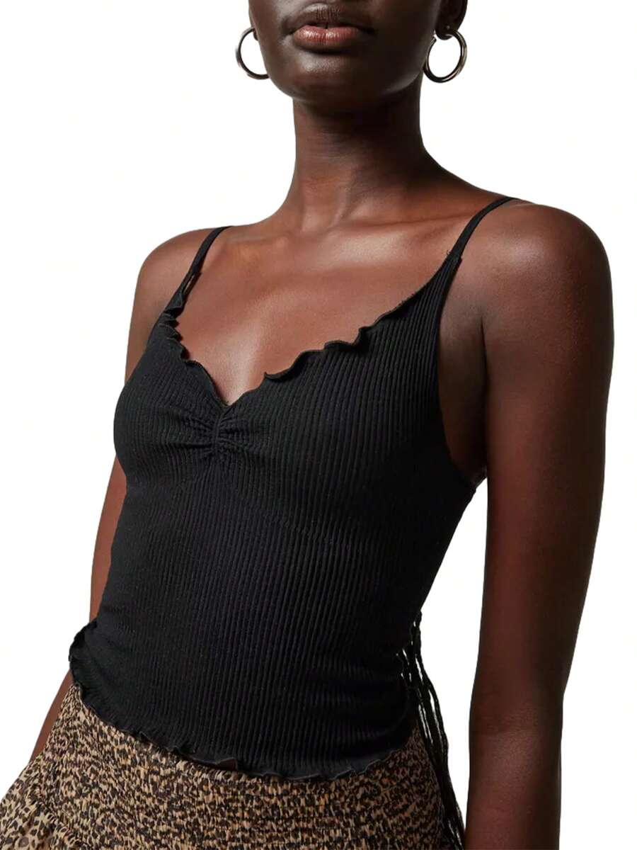 Women's Ribbed Crop Cami Tops Sleeveless Spaghetti Strap Lettuce Trim Camisole Ruched Tank Tops - Black - View 1