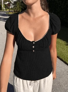 Women Y2k Fairy Grunge Shirts Puff Sleeve V-Neck Button T-Shirts Tunic Tops Slim Fit Going Out Crop Tee Top Teen Girls Vintage Aesthetic Clothes Streetwear - 黑色 - 查看 1