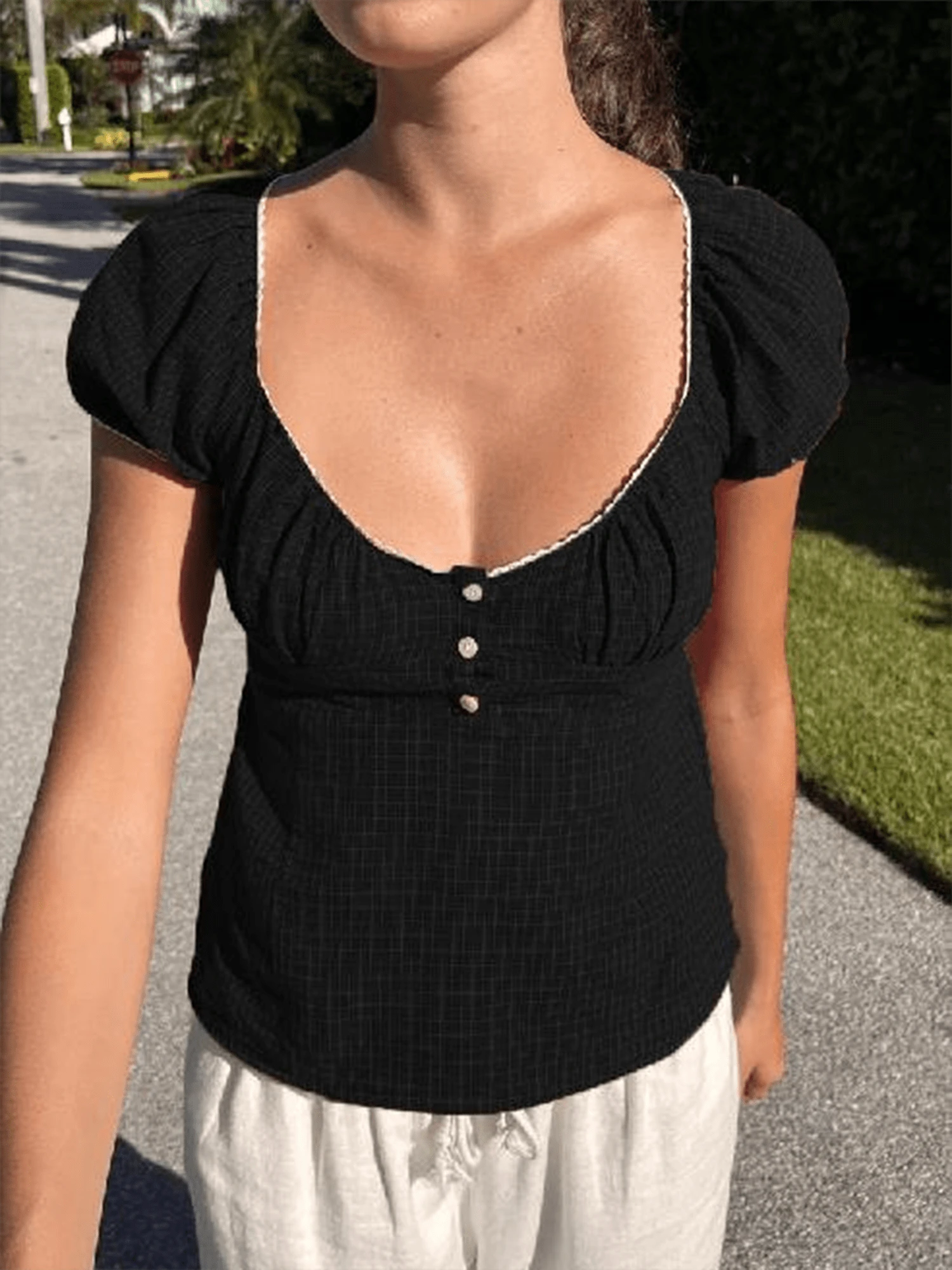 Women Y2k Fairy Grunge Shirts Puff Sleeve V-Neck Button T-Shirts Tunic Tops Slim Fit Going Out Crop Tee Top Teen Girls Vintage Aesthetic Clothes Streetwear - 黑色 - 查看 1