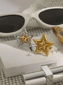 Uworld 1Pc Of Simple And Fashionable Gold And Silver Color Matching Five-Pointed Star Stainless Steel Open Ring 18K Gold-Plated Suitable For Daily Wear Holidays Commuting Parties Etc. - Star - View 6