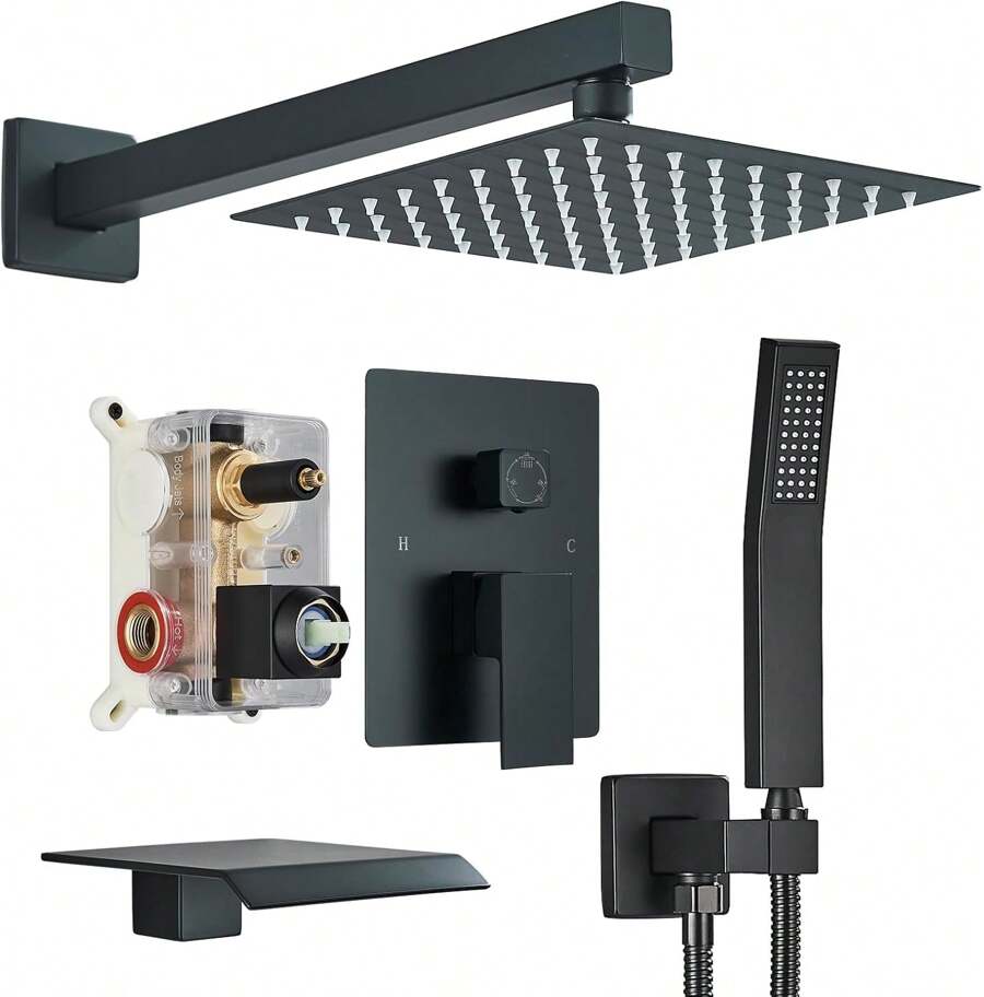 Shower Faucet Set With Tub Spout Matte Black Shower Tub Faucet Kit Shower Trim System Wall Mounted Bathtub Shower Fixtures With 8/10/12 Inches Rain Shower Head Handheld Spray Bath Tub And Valve - Matte Black - View 1