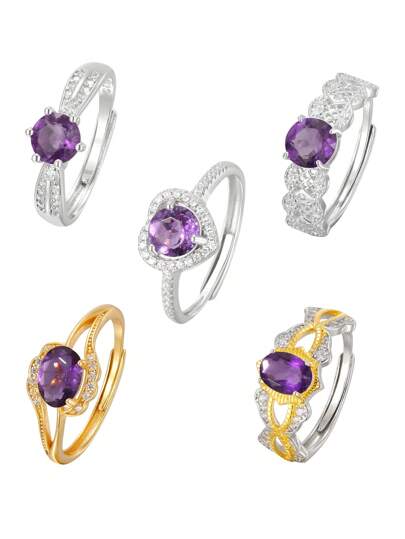 Anillo ajustable de plata de ley 925 con piedra curativa de amatista natural, diseño de ojo abierto, joyería elegante clásica para compromiso/aniversario de boda, regalo diario para mujer